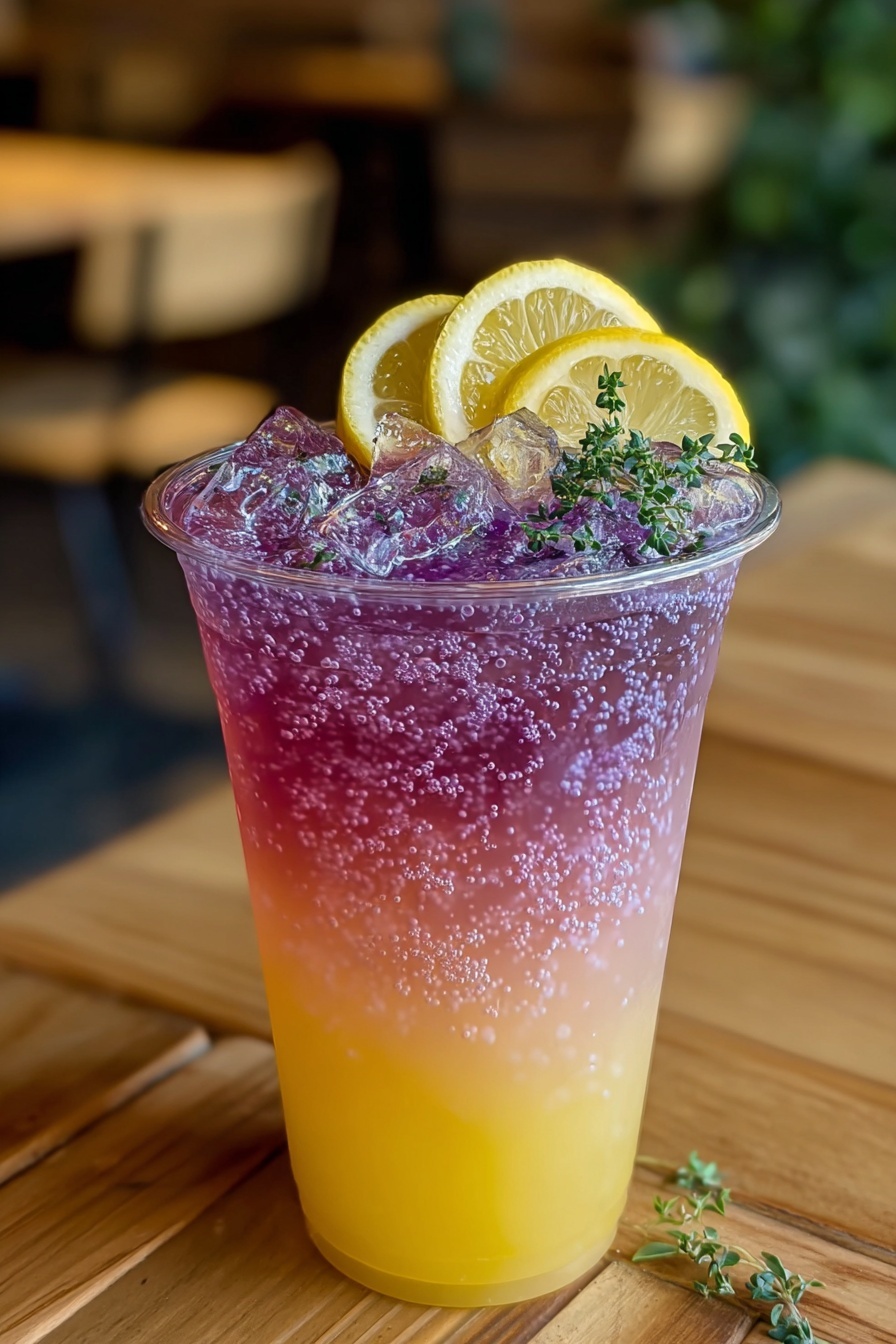 A glass of pink lemonade with lemon slices on top.