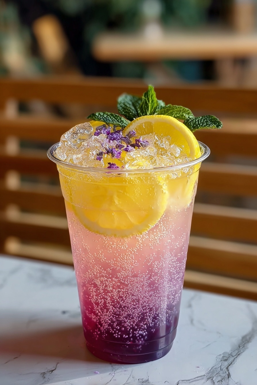 A glass of pink lemonade with a slice of lemon.