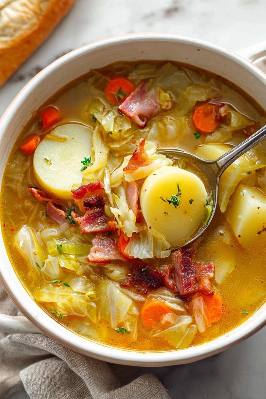 A bowl of soup with bacon, cabbage, and potatoes.