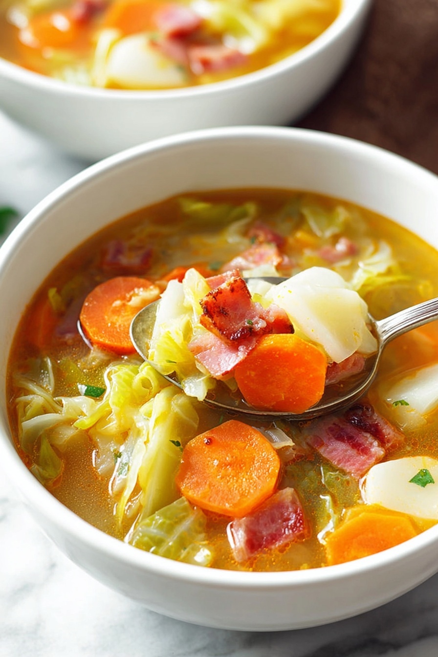 A bowl of soup with meat and vegetables.
