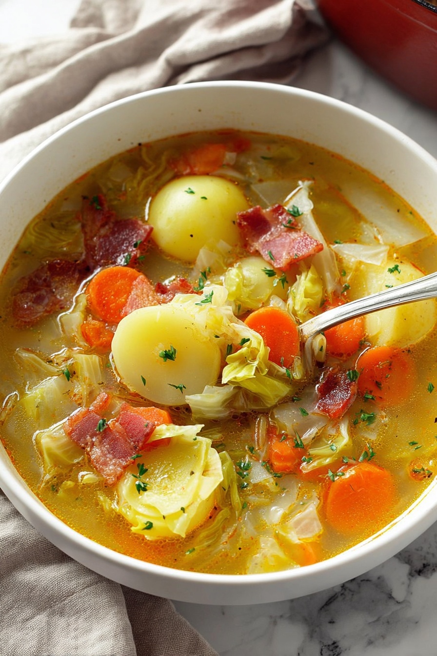 A bowl of soup with bacon, cabbage, and potatoes.