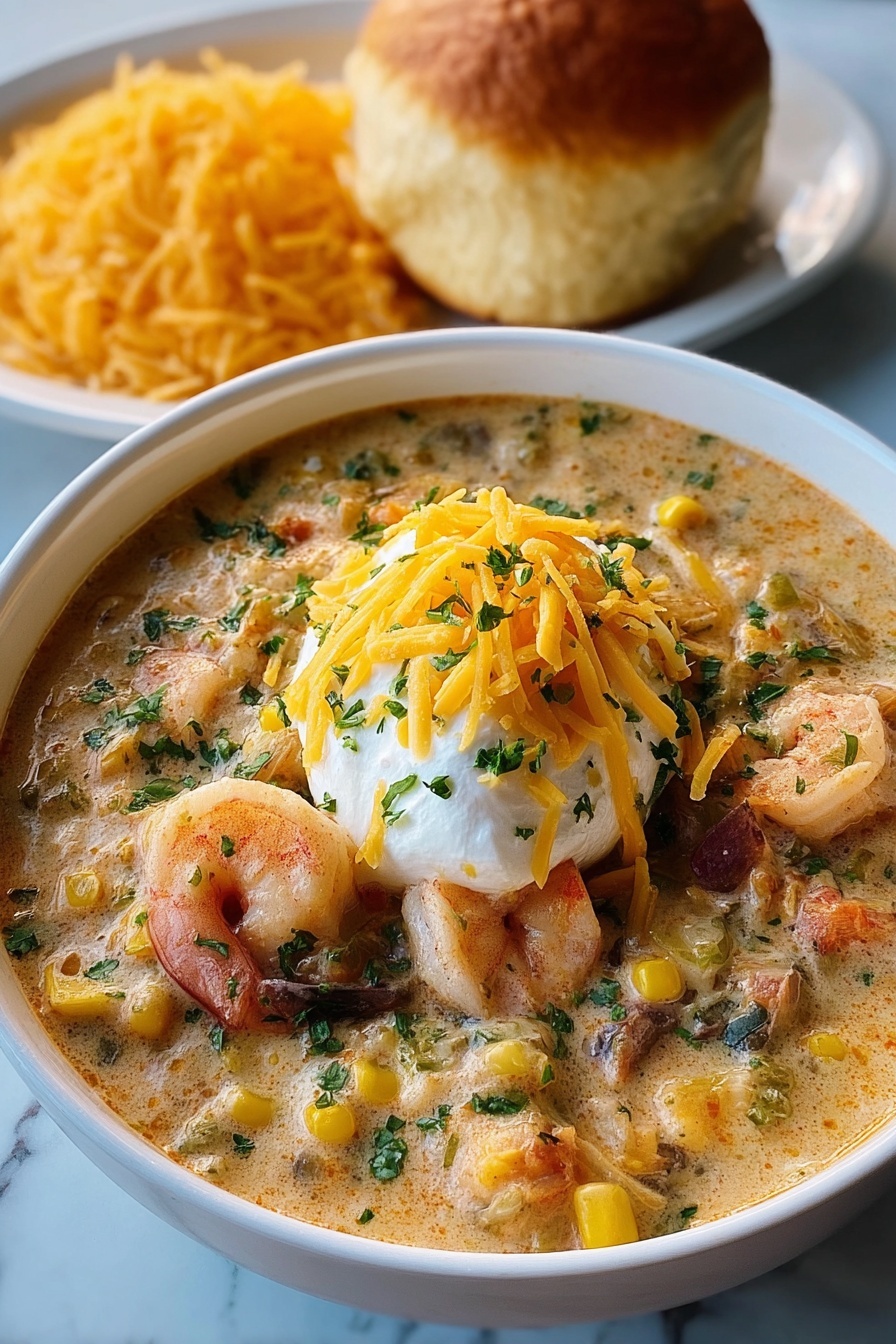 A bowl of creamy seafood and shrimp chili.