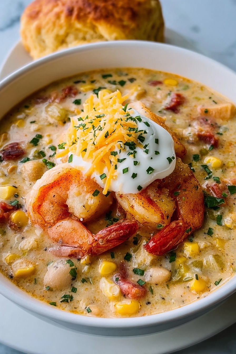 A bowl of creamy seafood and shrimp chili.