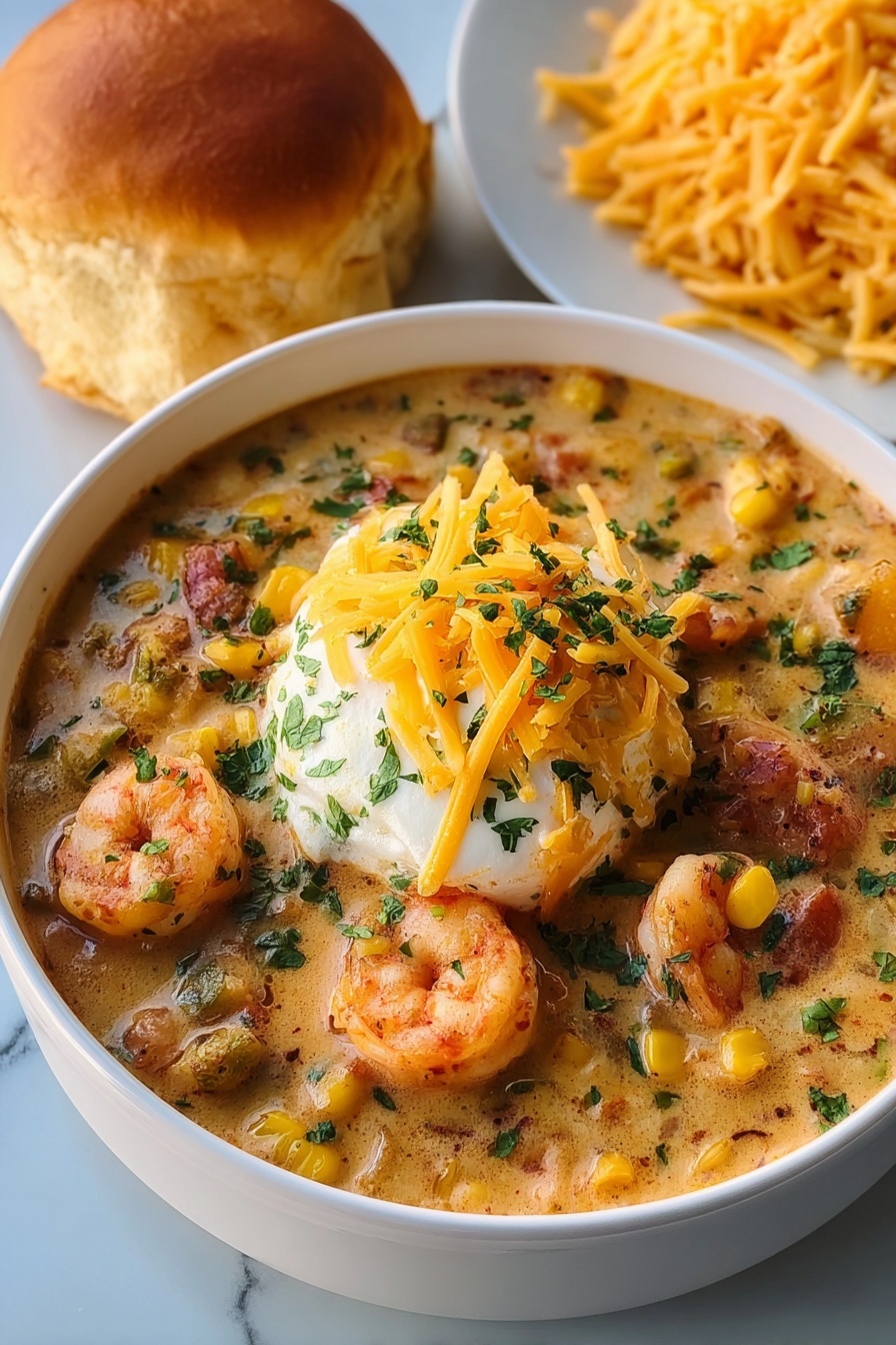 A bowl of creamy seafood and shrimp chili.