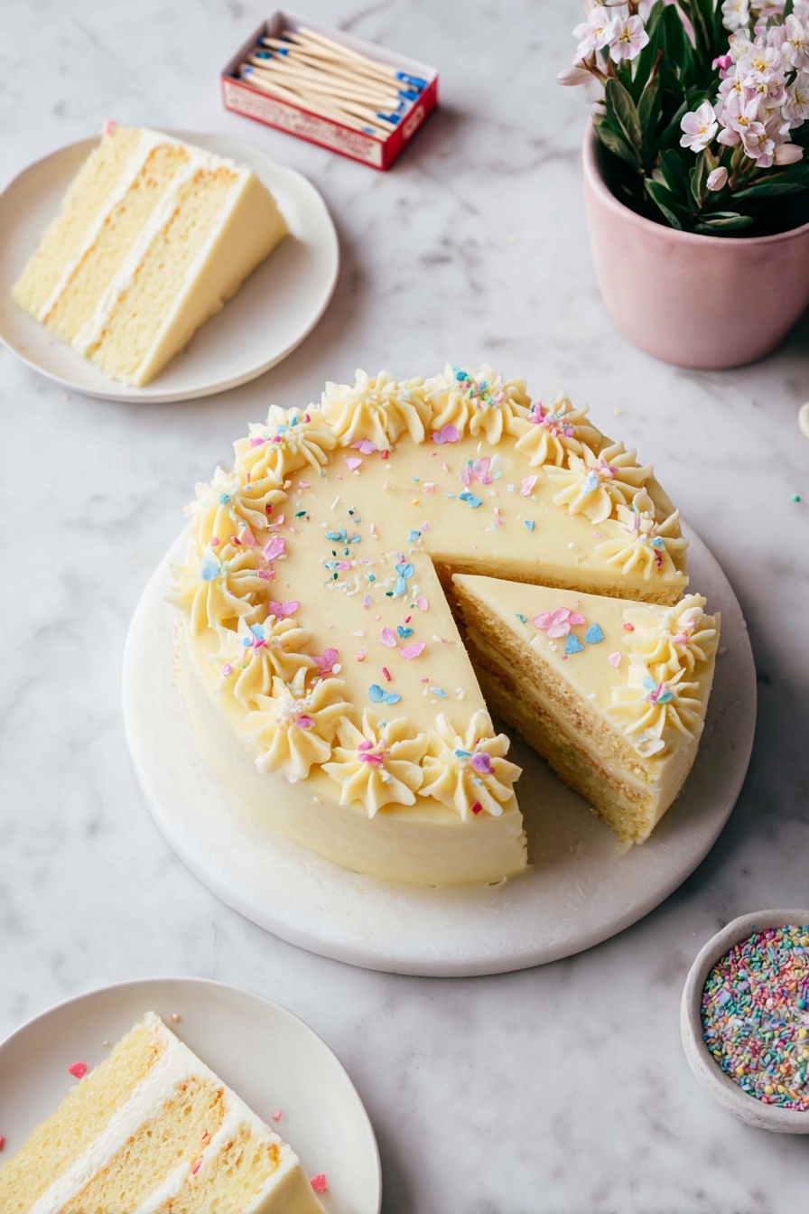 A slice of cake with vanilla frosting.