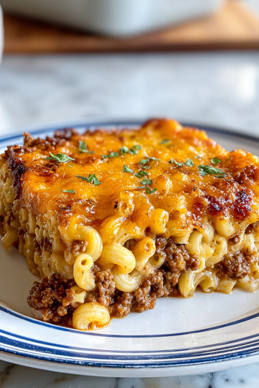 A plate of mac and cheese meatloaf casserole.