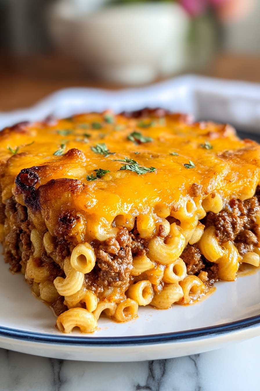 A close up of a delicious mac and cheese meatloaf casserole.