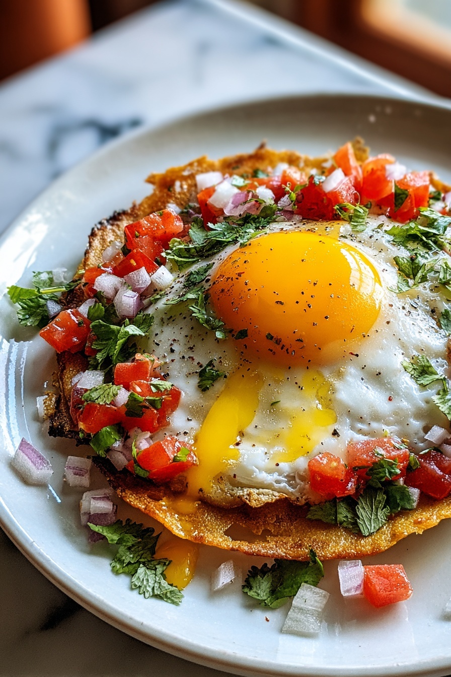 A plate of Huevos Rancheros with tomatoes and onions.