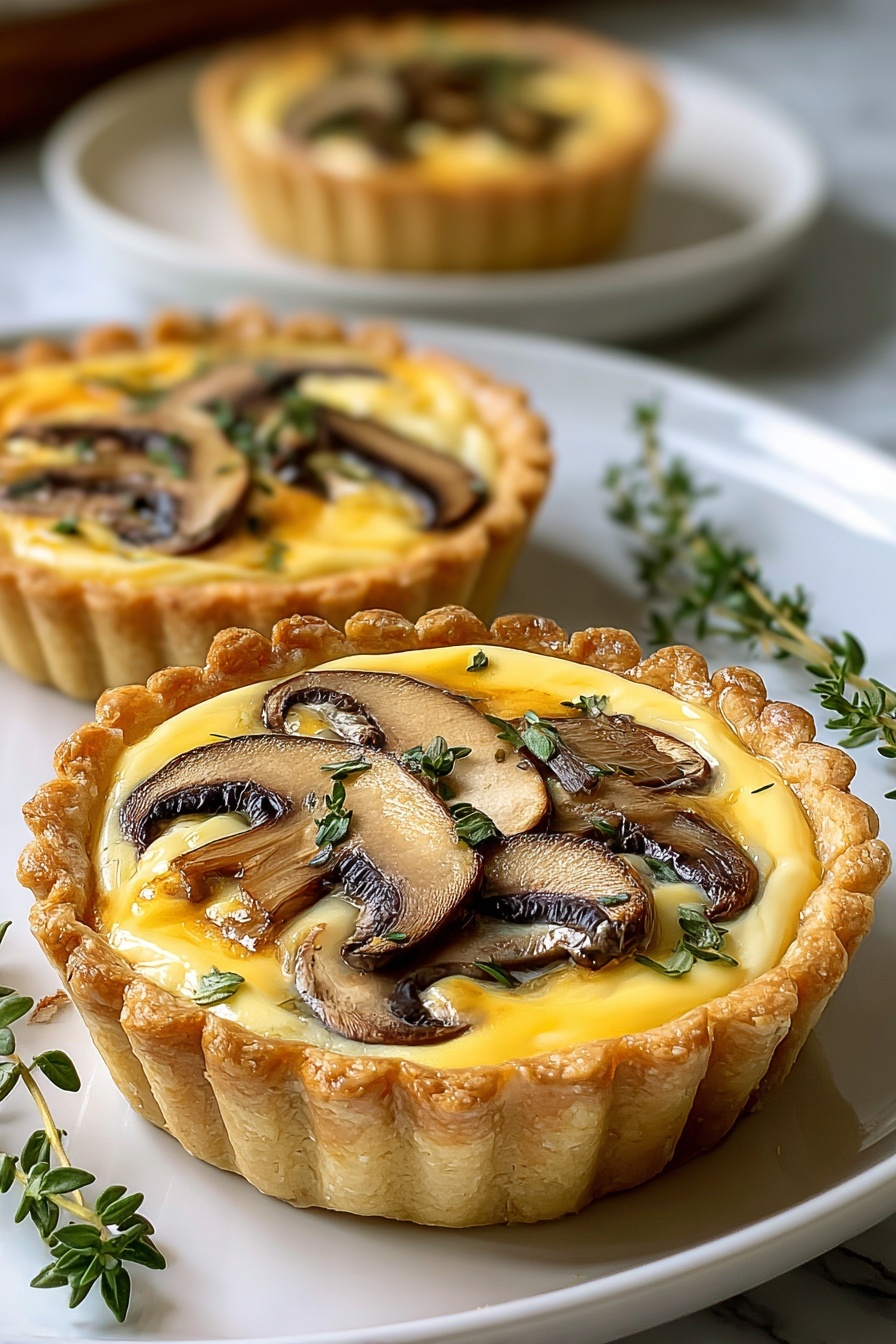 Two mini mushroom quiches on a plate.