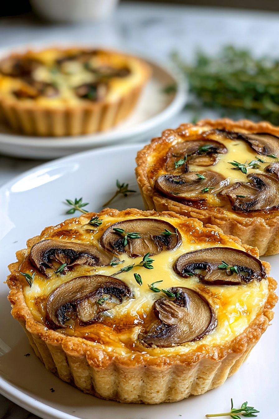 Two mini mushroom quiches with herbs on a plate.