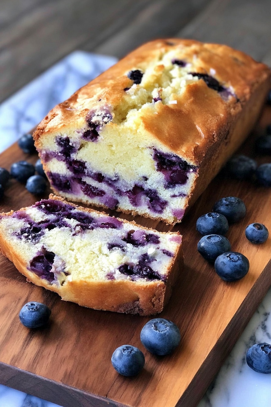 A slice of blueberry cream cheese bread.