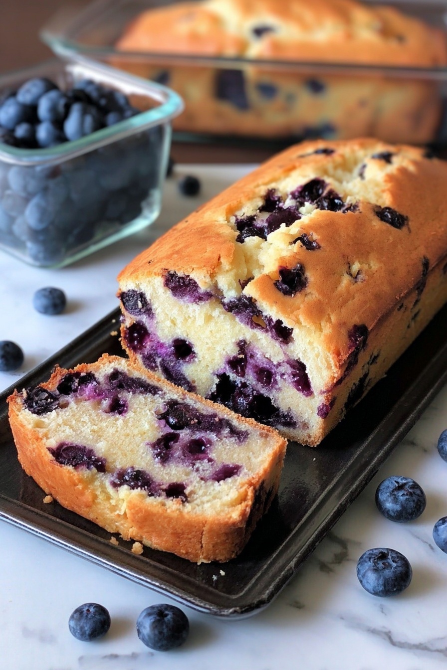 A slice of blueberry cream cheese bread.