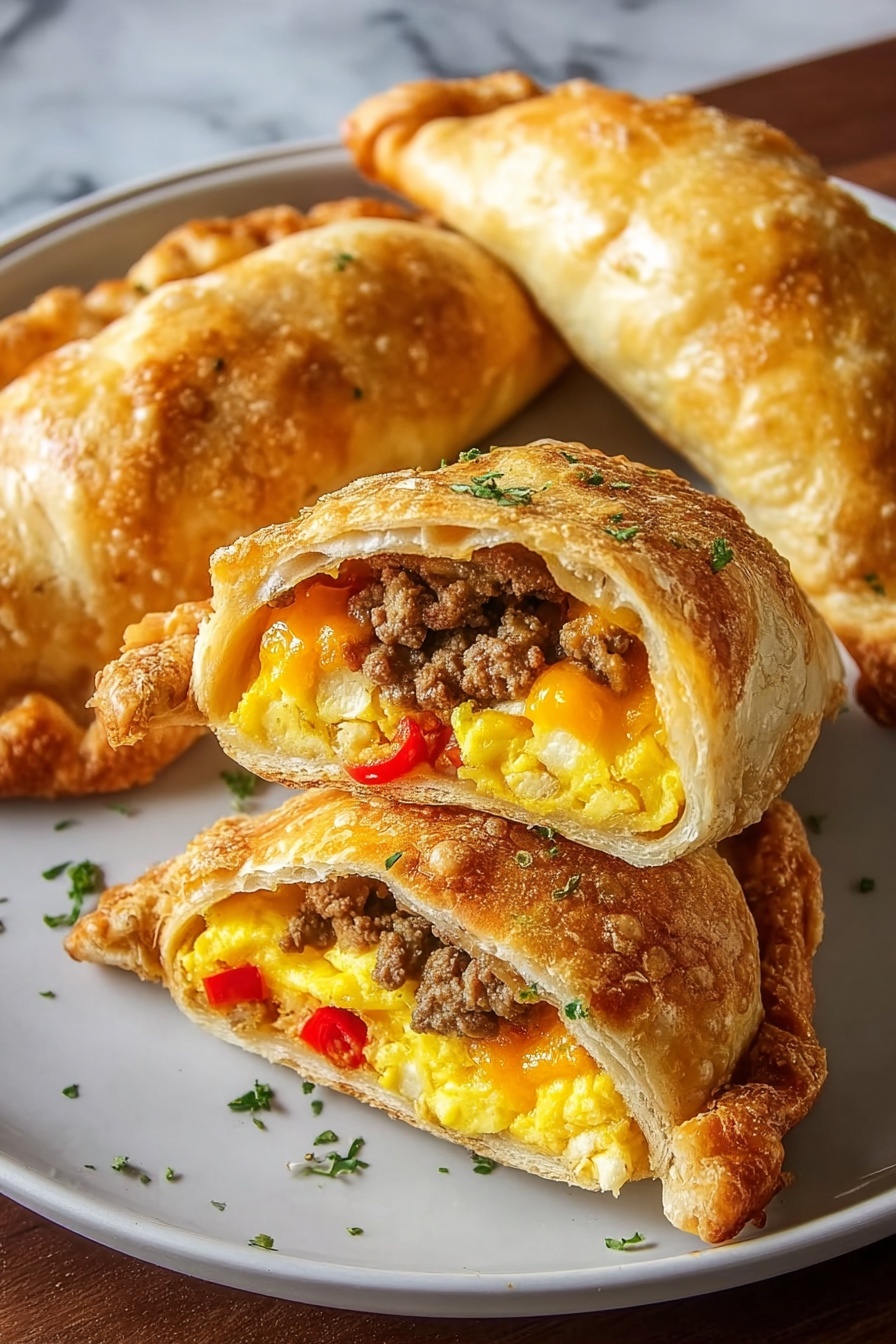 Two homemade breakfast hot pockets with meat and cheese.