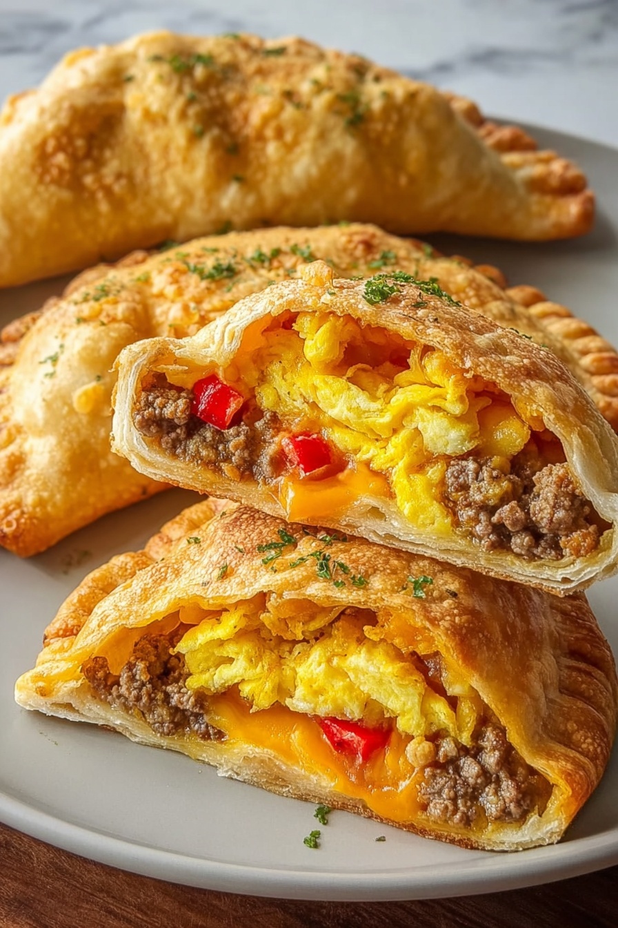 Two homemade breakfast hot pockets with eggs and sausage.