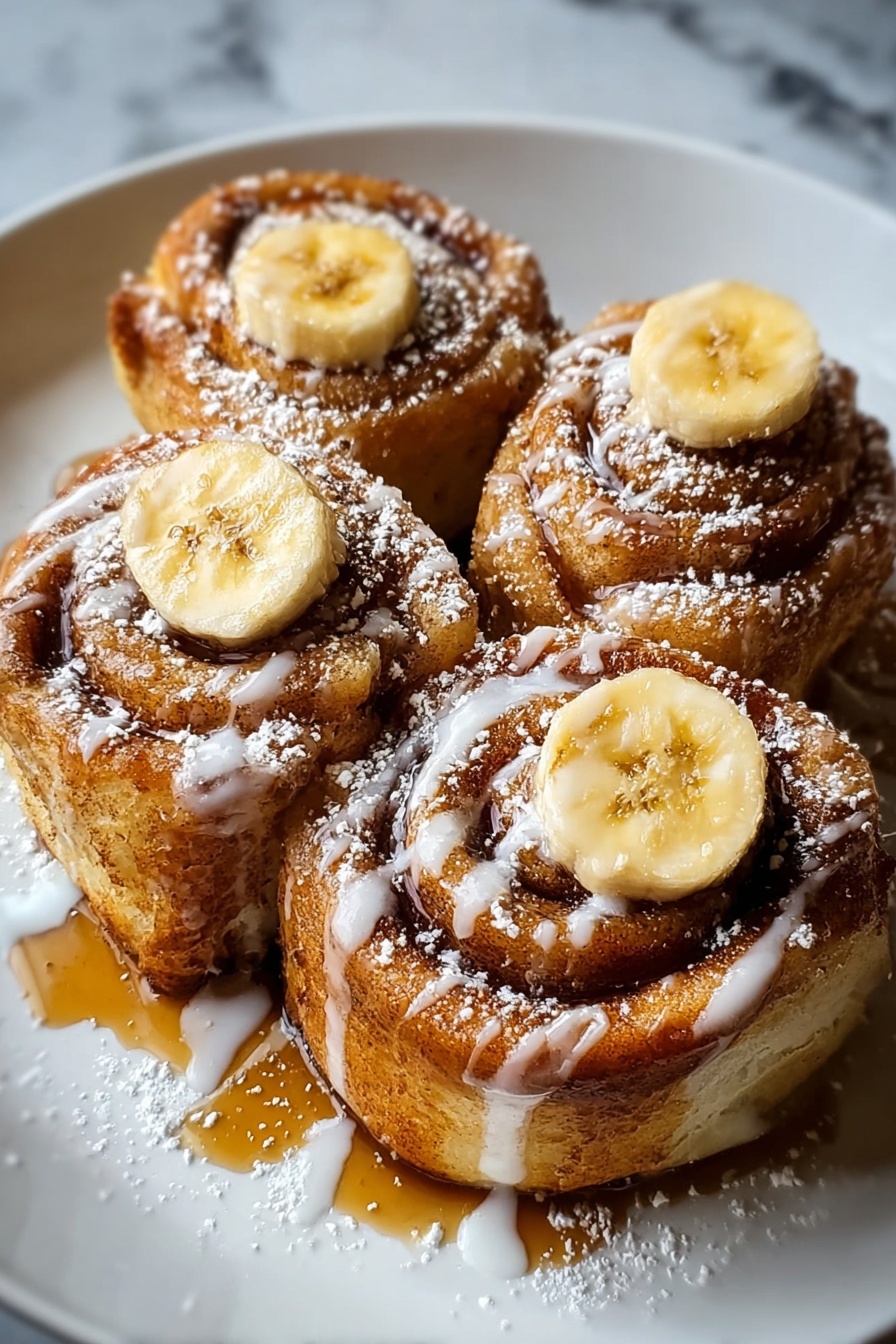 Banana bread cinnamon rolls on a plate.
