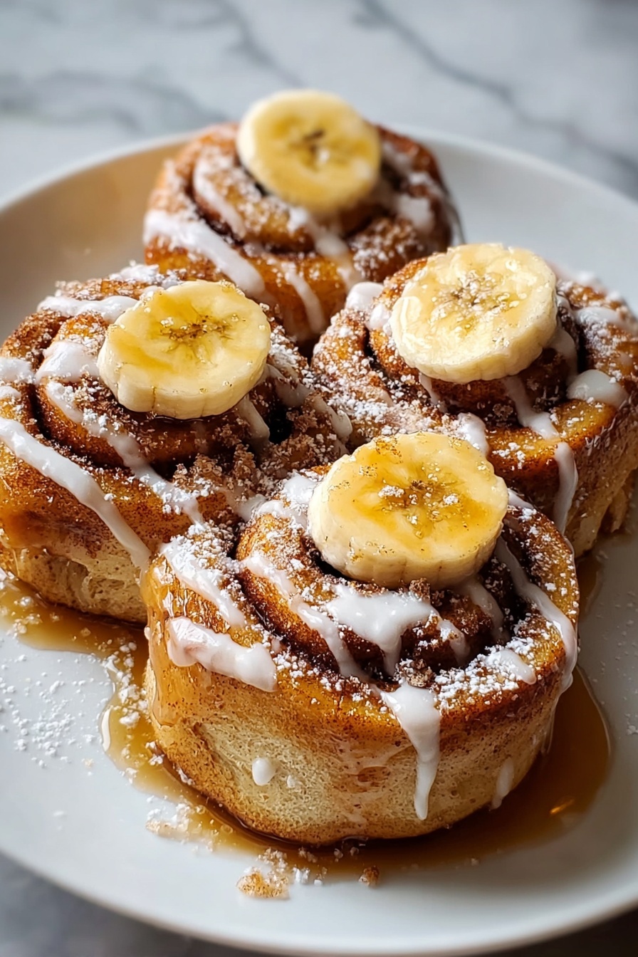 Three cinnamon rolls with bananas on top.