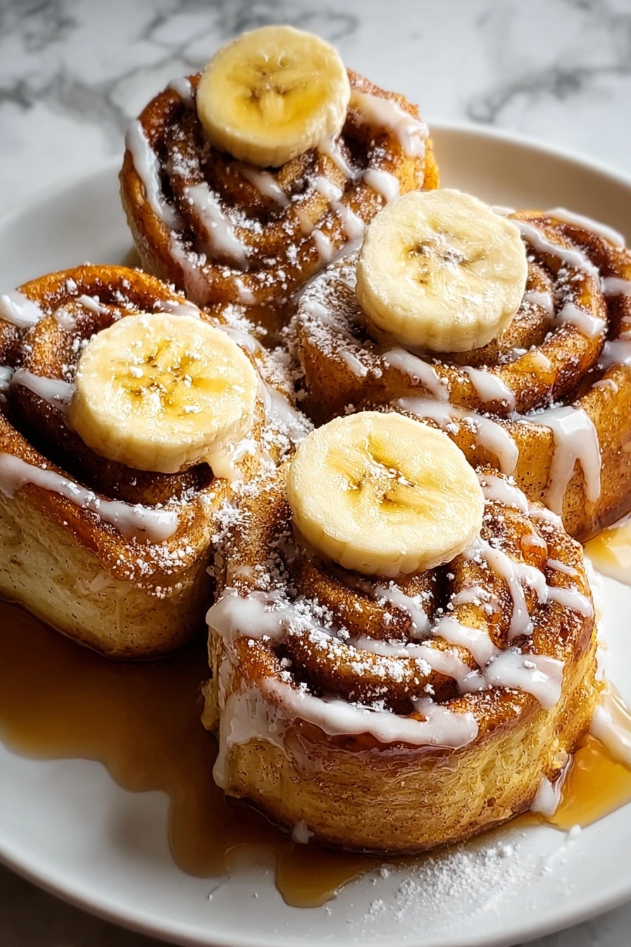 Cinnamon rolls with bananas on top.