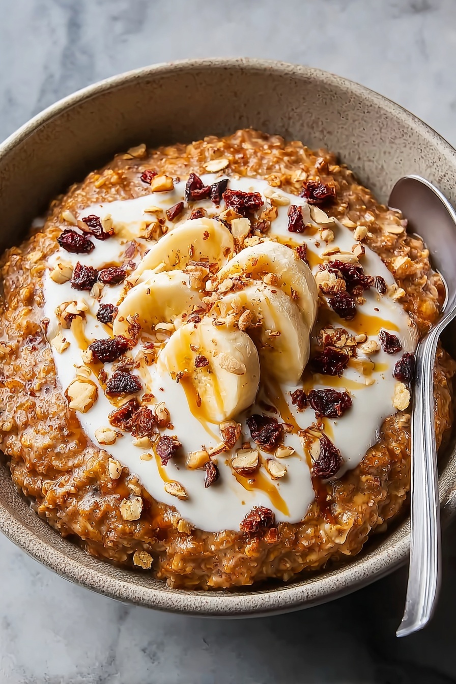 A bowl of oatmeal with bananas and nuts.