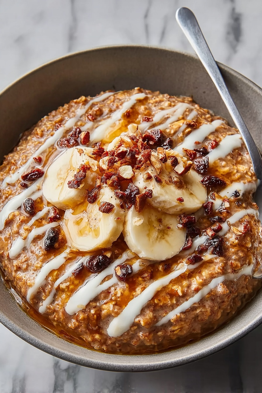 A bowl of food with bananas and cream.
