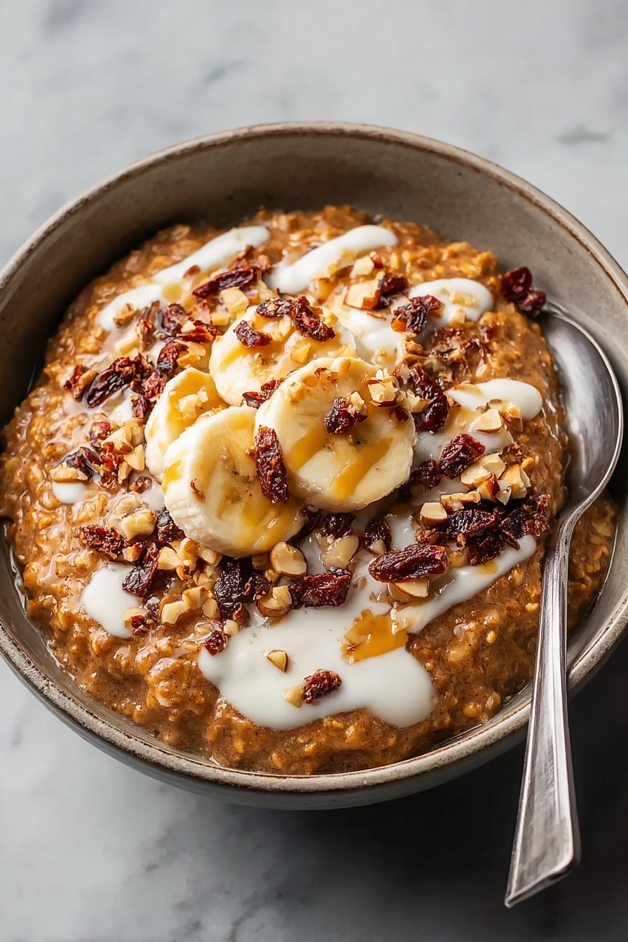 A bowl of oatmeal with bananas and nuts.