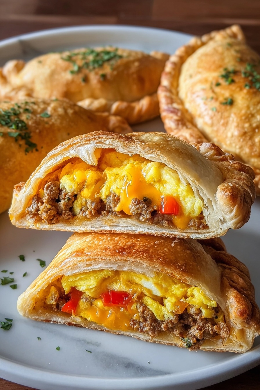 Homemade breakfast hot pockets with eggs, sausage, and cheese.