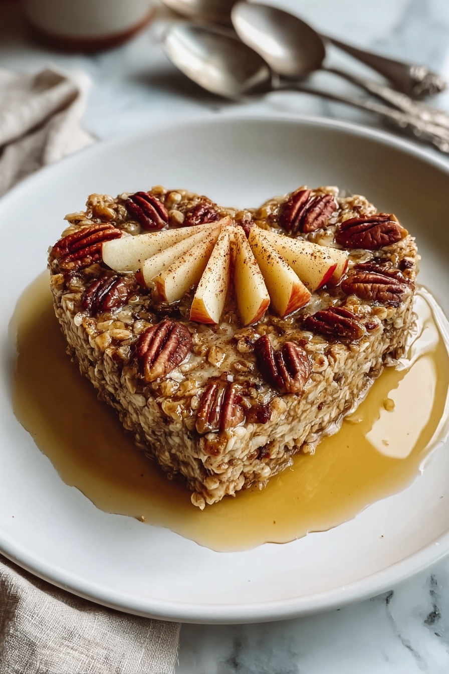 A heart shaped baked oatmeal with apples and nuts.