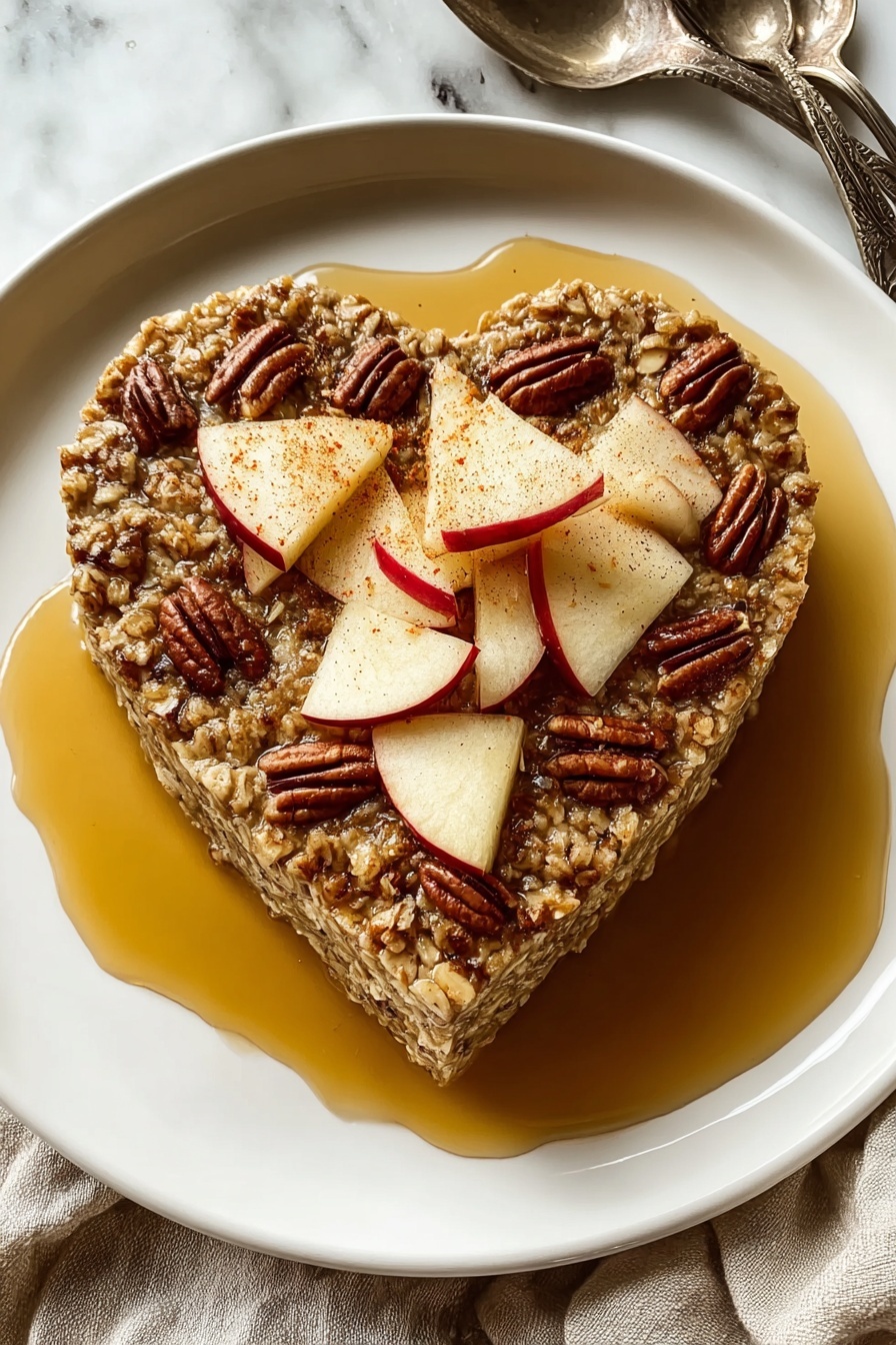 A heart shaped breakfast dish made of oatmeal and apples.