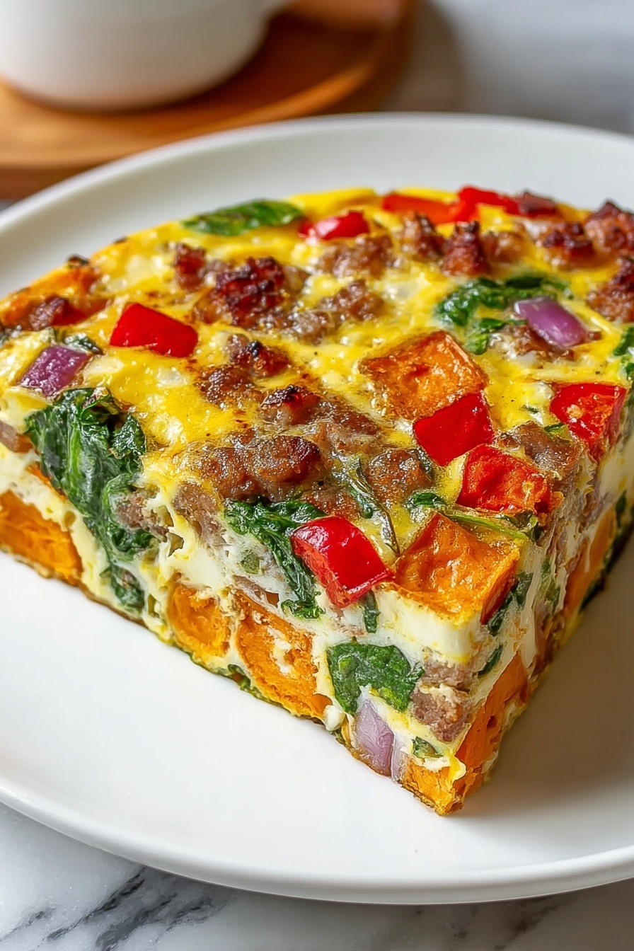 A square piece of Sweet Potato Egg Casserole.