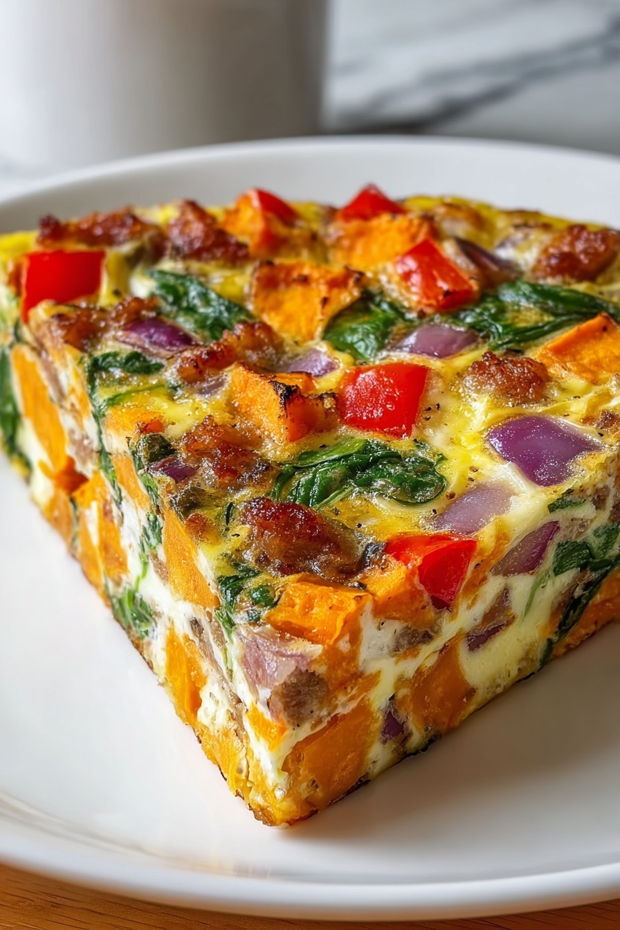 A square piece of sweet potato and egg casserole.