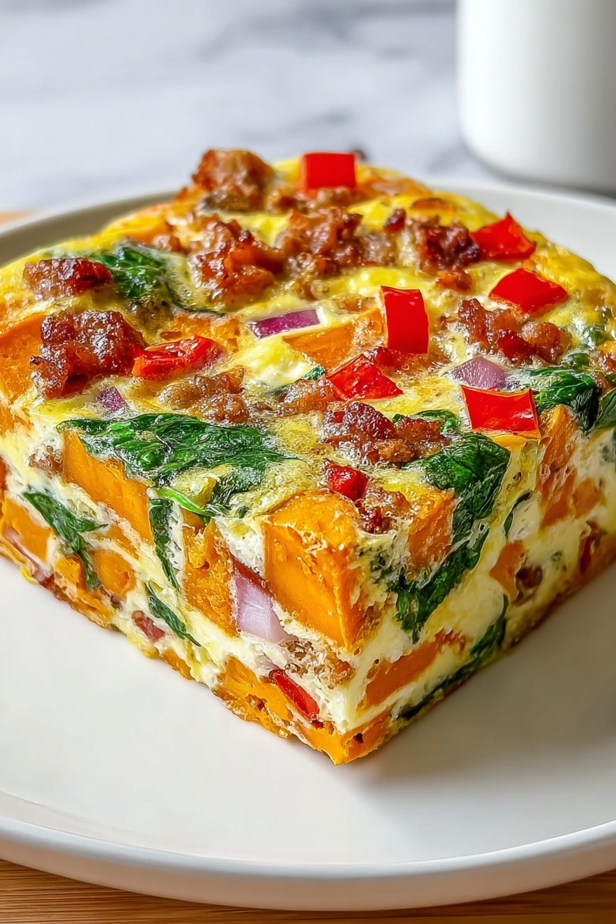 A square dish of sweet potato and egg casserole.