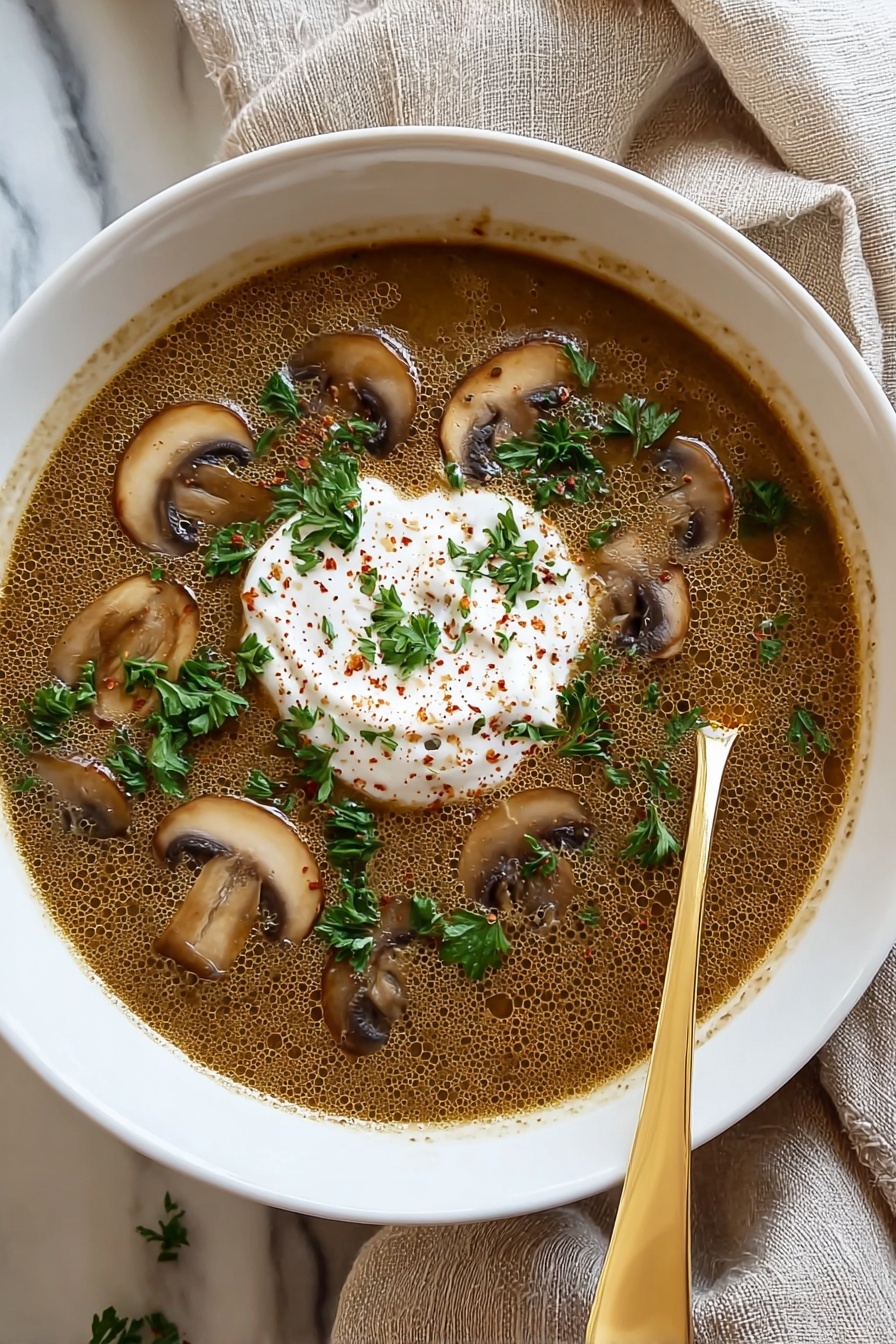 A bowl of mushroom soup with a dollop of sour cream on top.