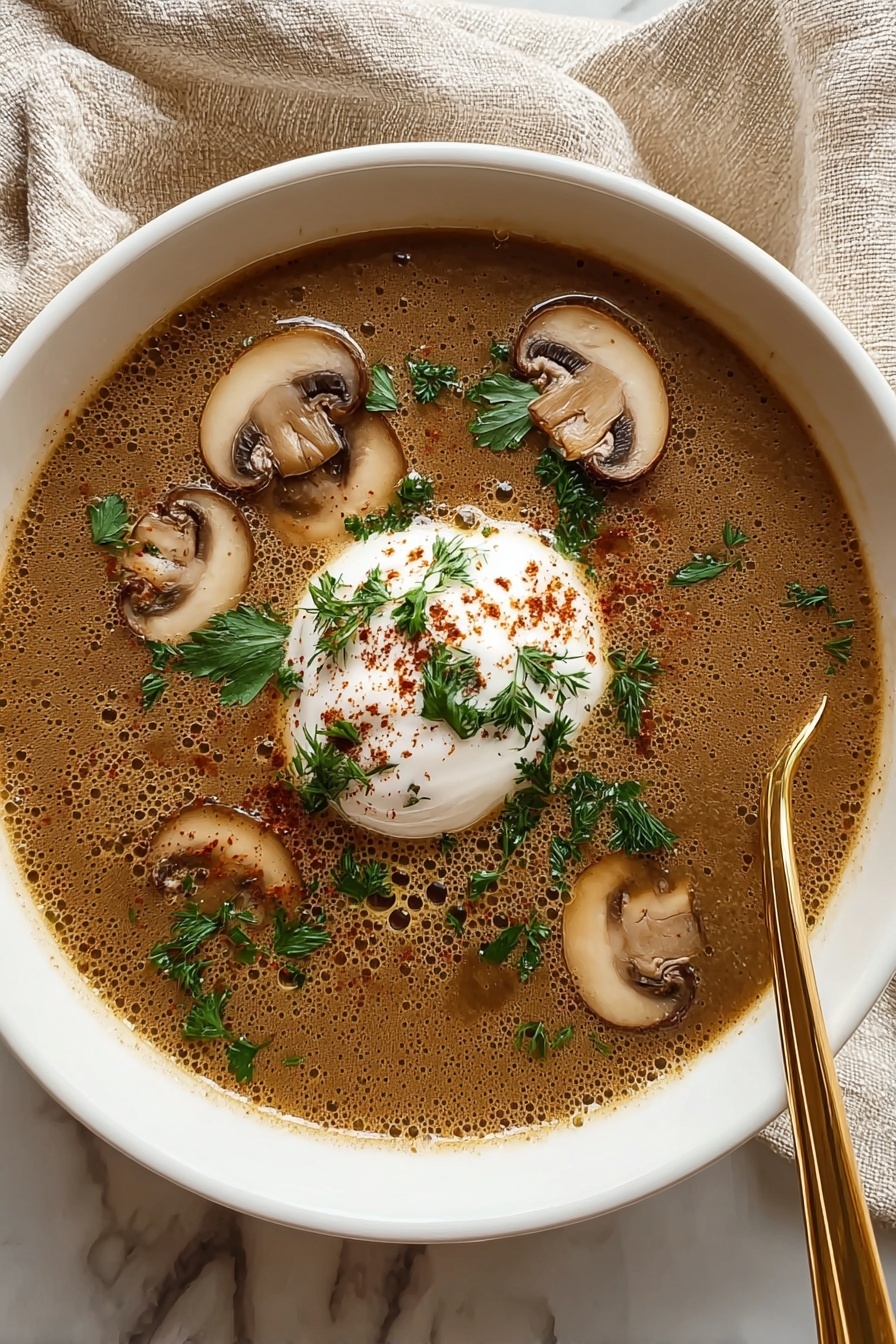 A bowl of soup with mushrooms and a fried egg on top.