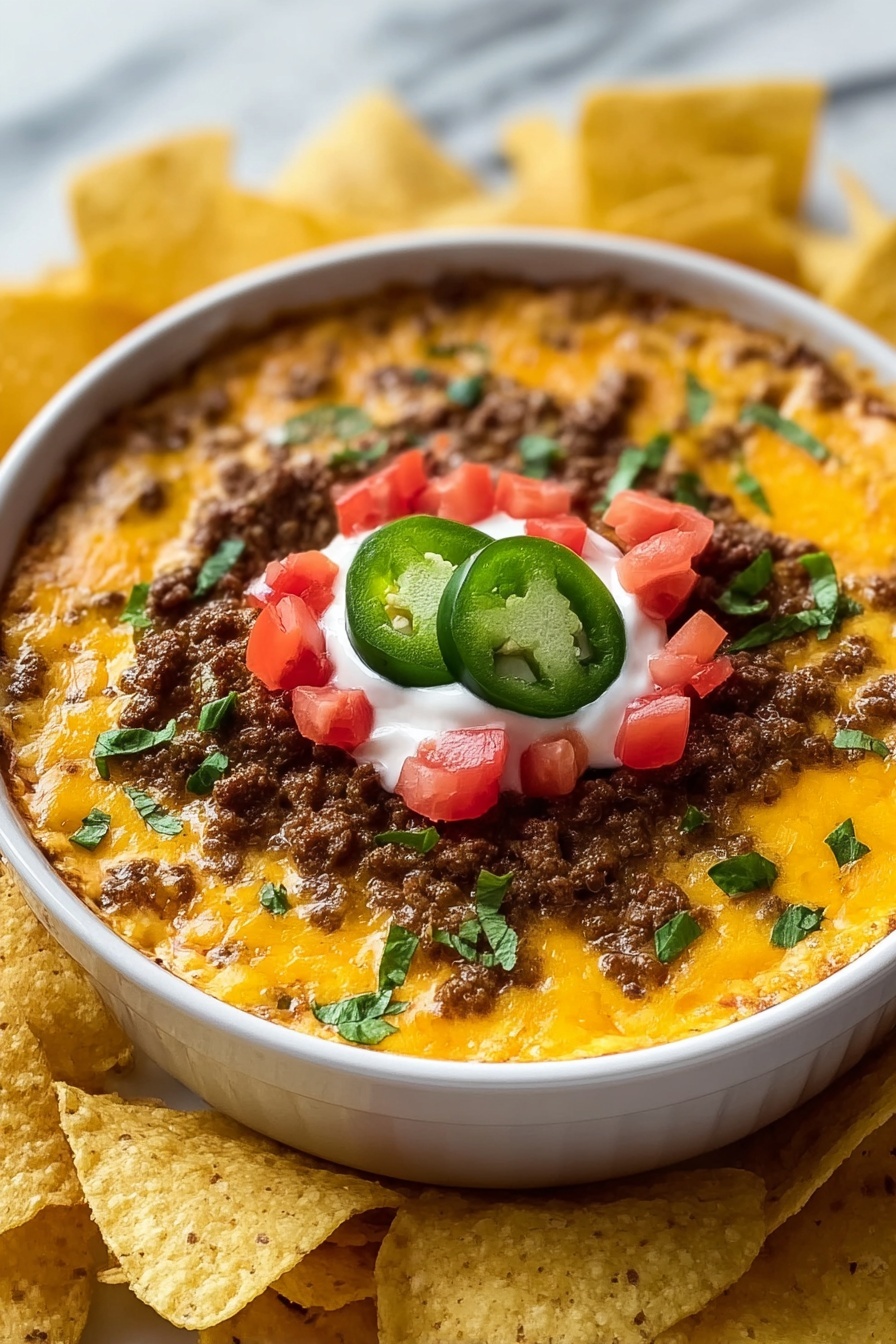 A bowl of chili cheese dip with tomatoes and jalapenos on top.