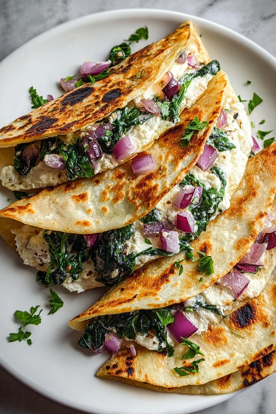 A stack of quesadillas with spinach and onions.