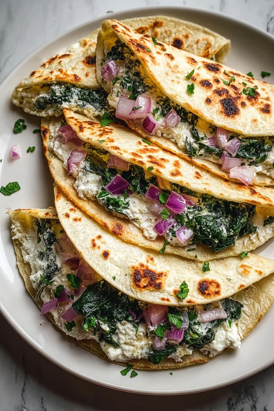 A stack of four quesadillas with spinach and cheese.