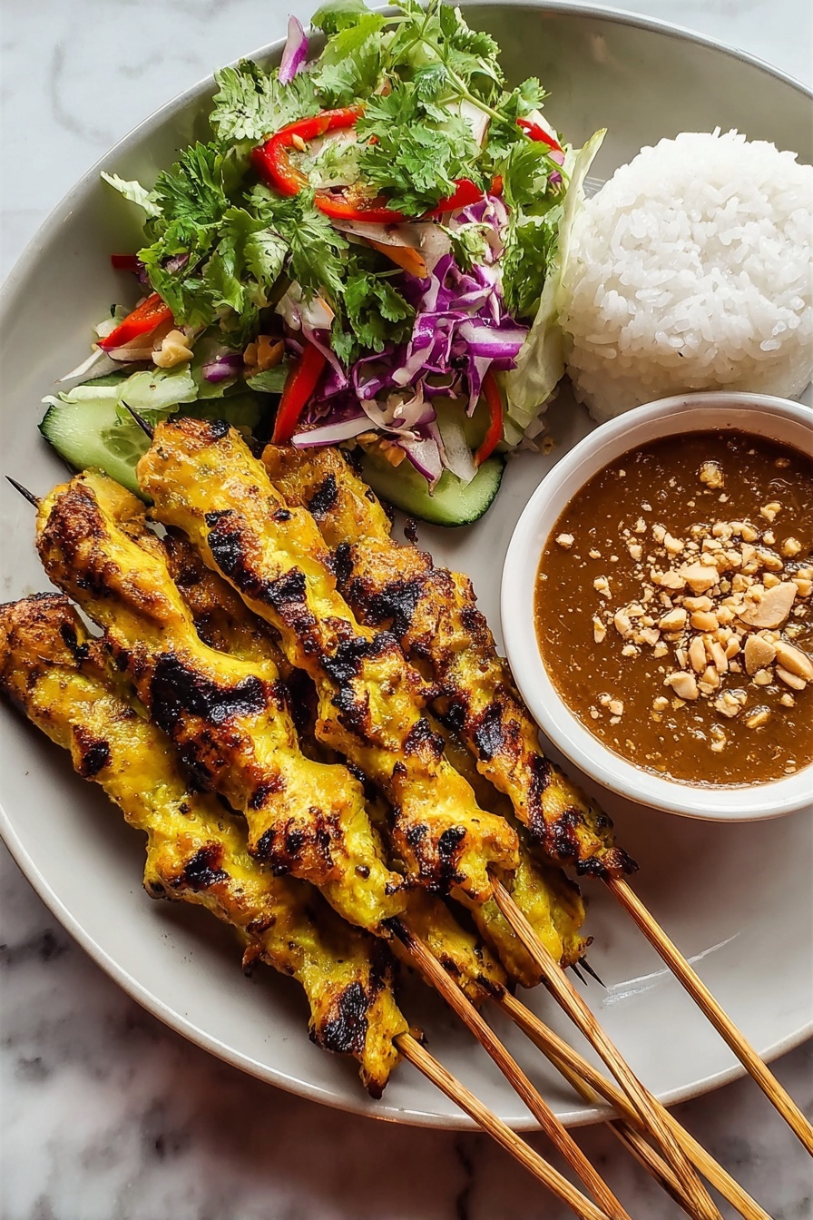 A plate of chicken satay with peanut sauce.