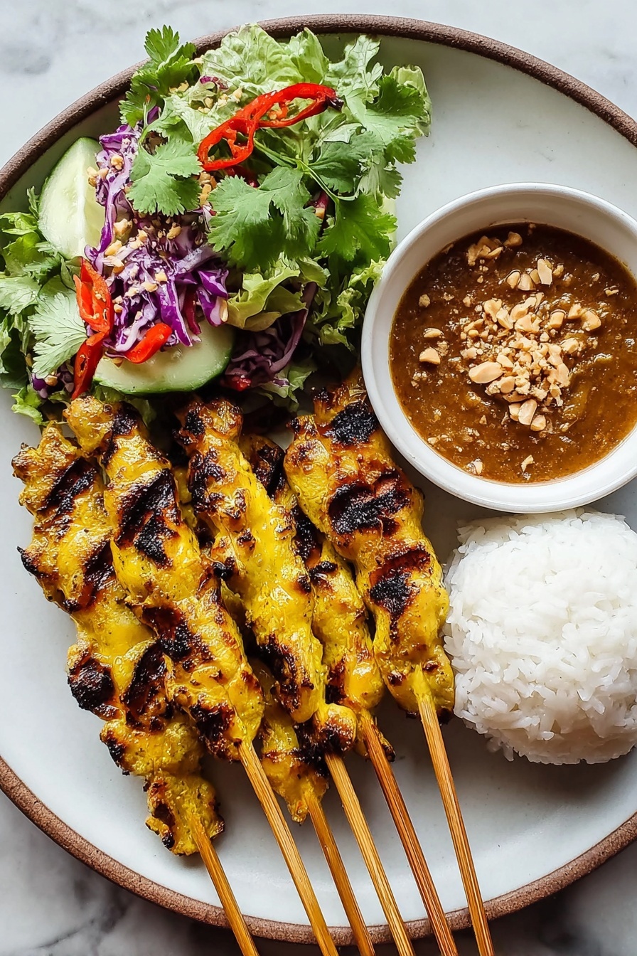 A plate of chicken satay with peanut sauce.