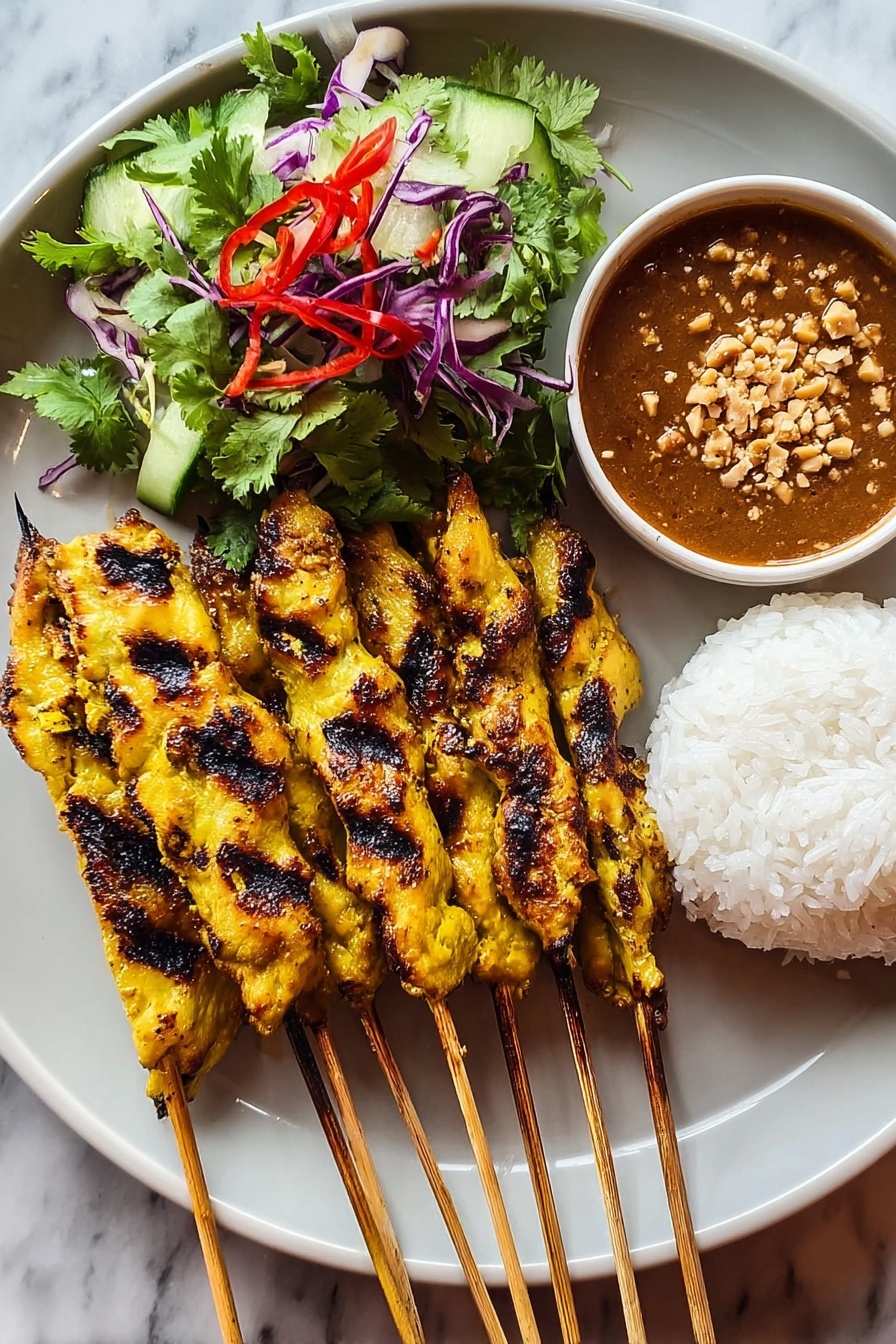 A plate of chicken satay with peanut sauce.