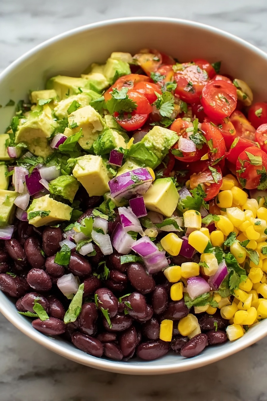 A bowl of black bean corn salad.