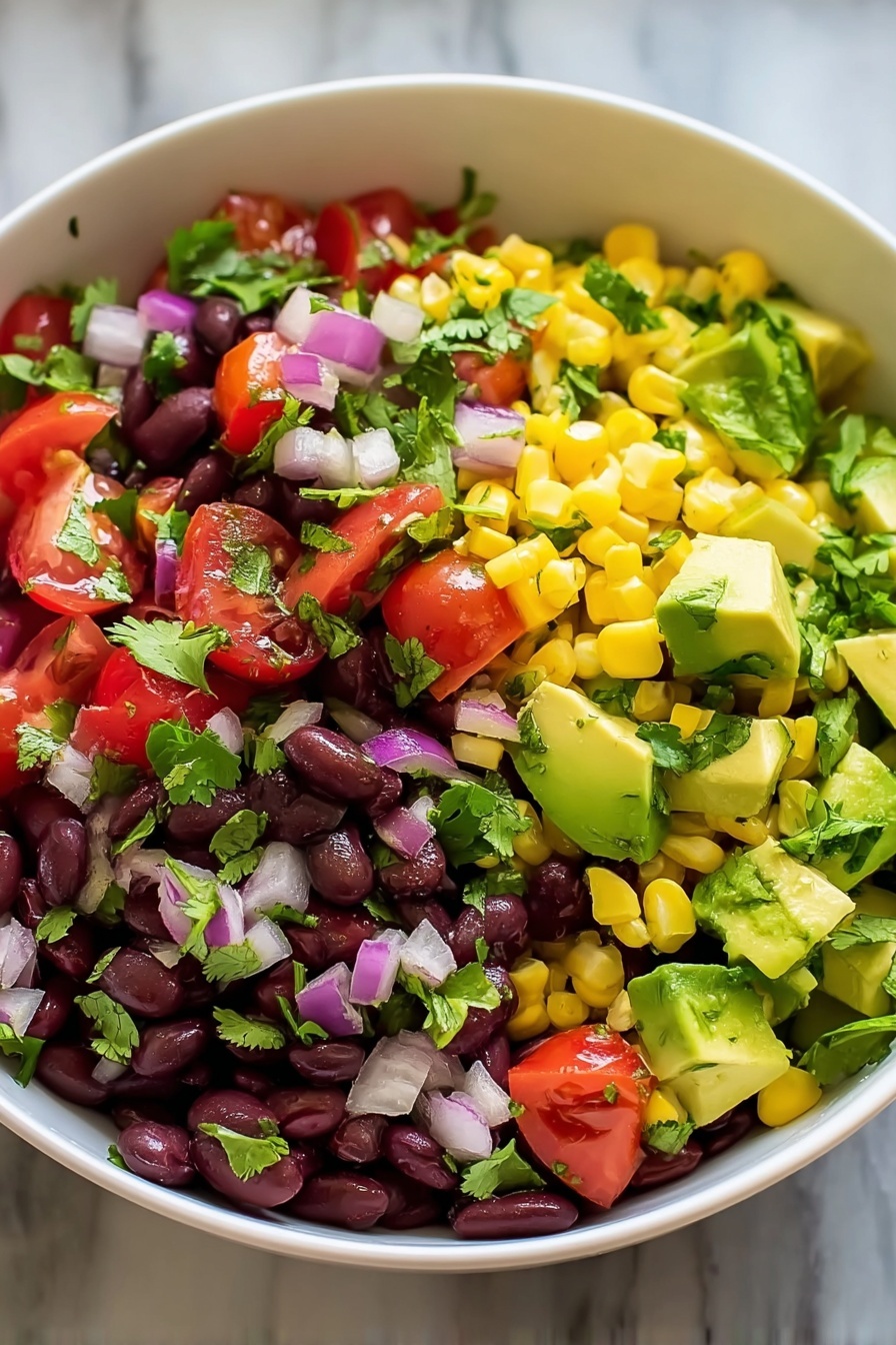 A bowl of black bean corn salad.