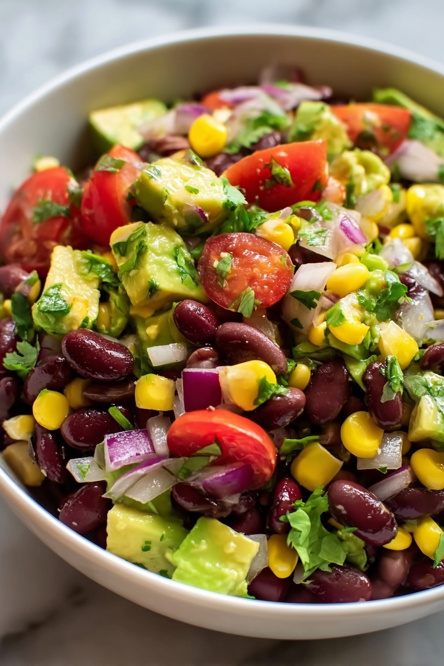 A bowl of black bean corn salad.
