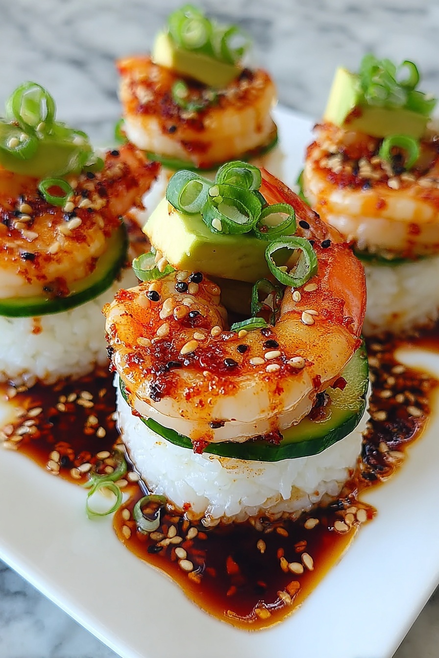 Spicy shrimp sushi stacks with avocado and cucumber.