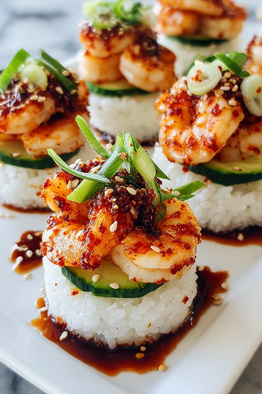Spicy shrimp sushi stacks with rice and vegetables.