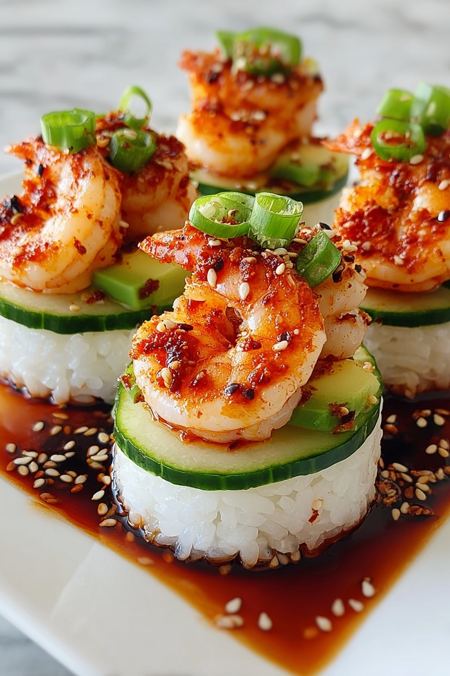 Spicy shrimp sushi stacks with green onions.
