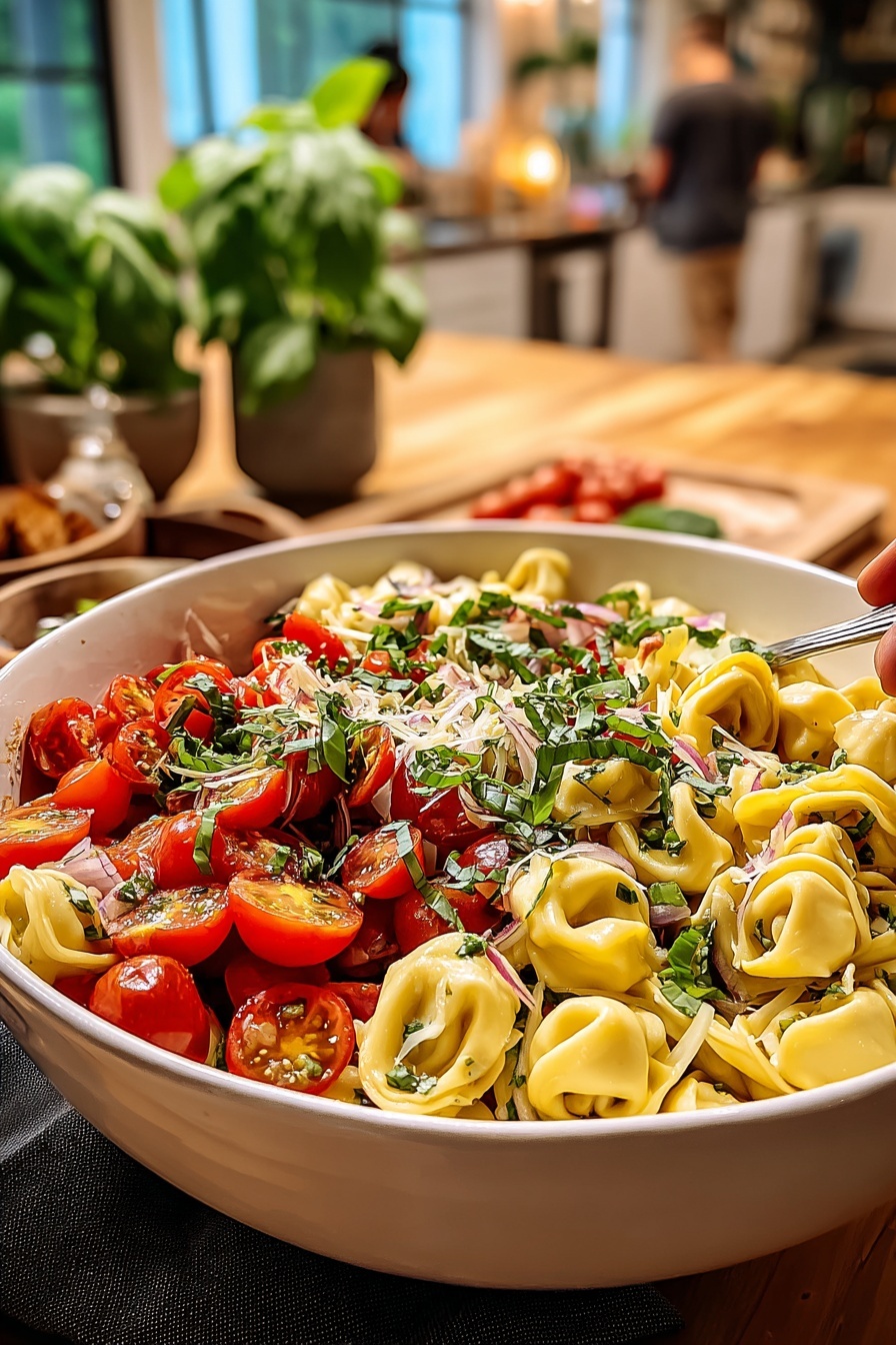 A person is serving a bowl of pasta salad.