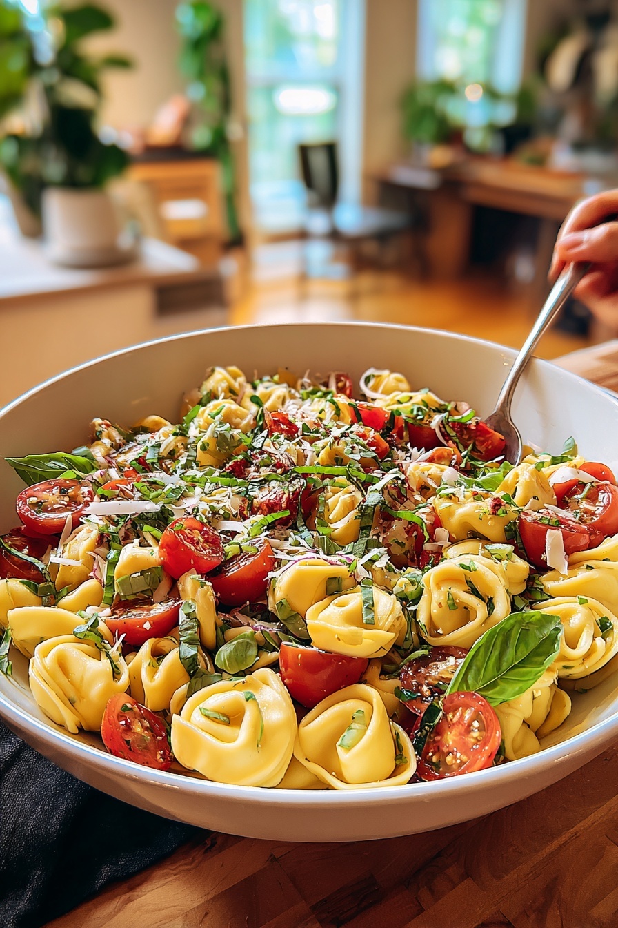 A bowl of pasta salad with tomatoes, spinach, and cheese.