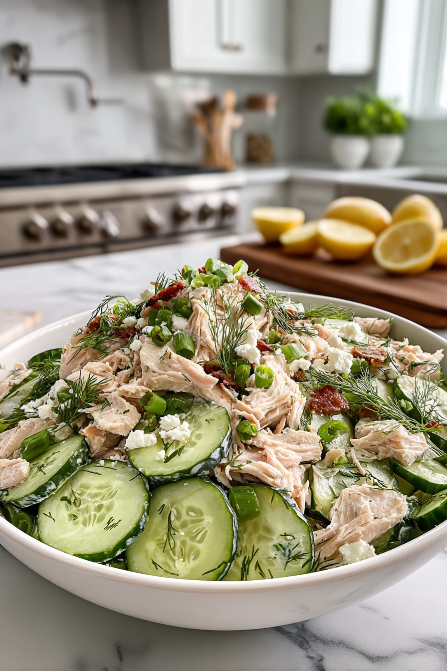 A white bowl filled with a salad of cucumbers, dill, and rotisserie chicken.