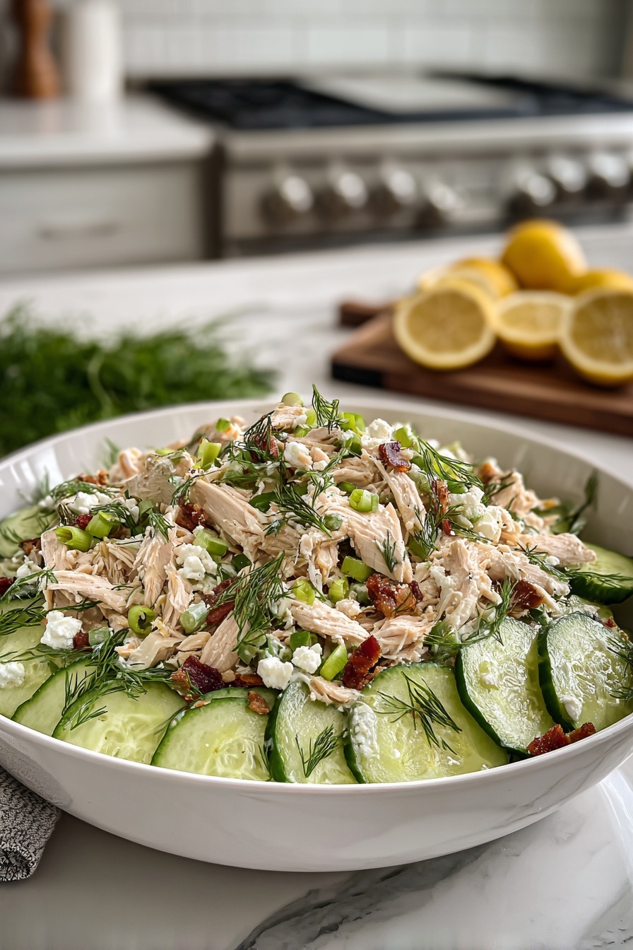 A bowl of cucumber dill rotisserie chicken salad.