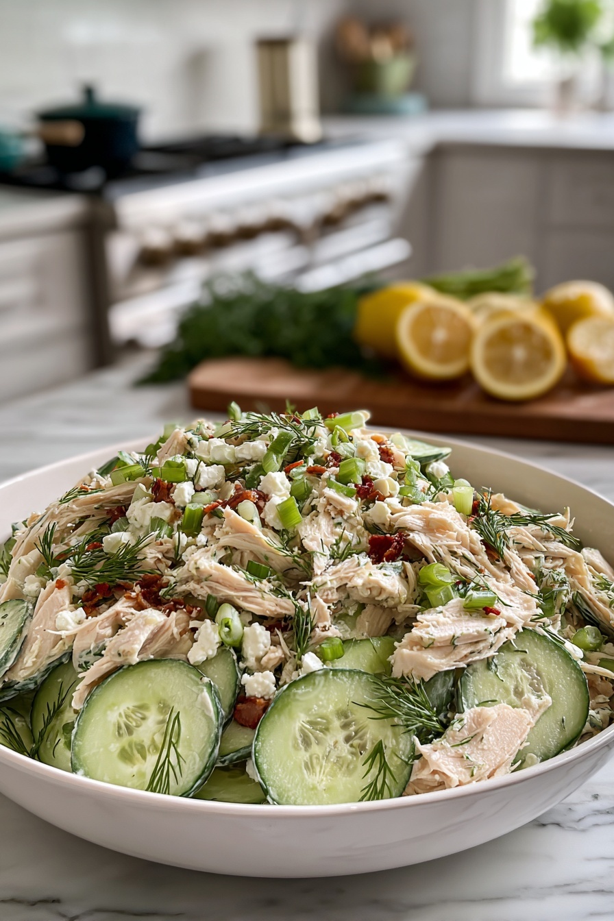 A bowl of salad with cucumbers and dill.