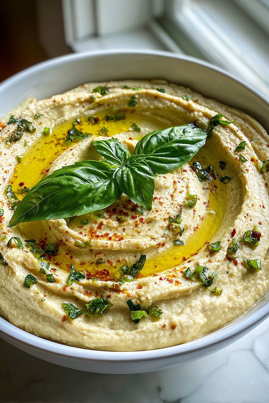 A bowl of hummus with a sprig of basil on top.